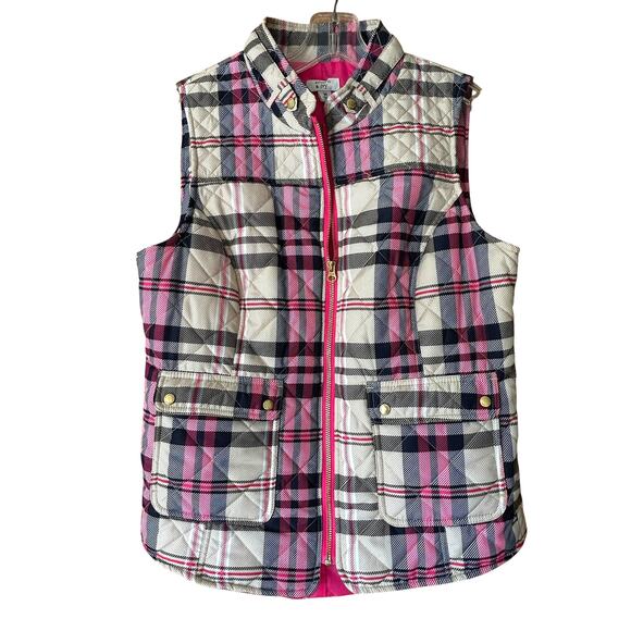 Crown & Ivy Quilted Plaid Vest Women’s Size M Pink Navy Tan Gold Zip Preppy Fall - Picture 1 of 7